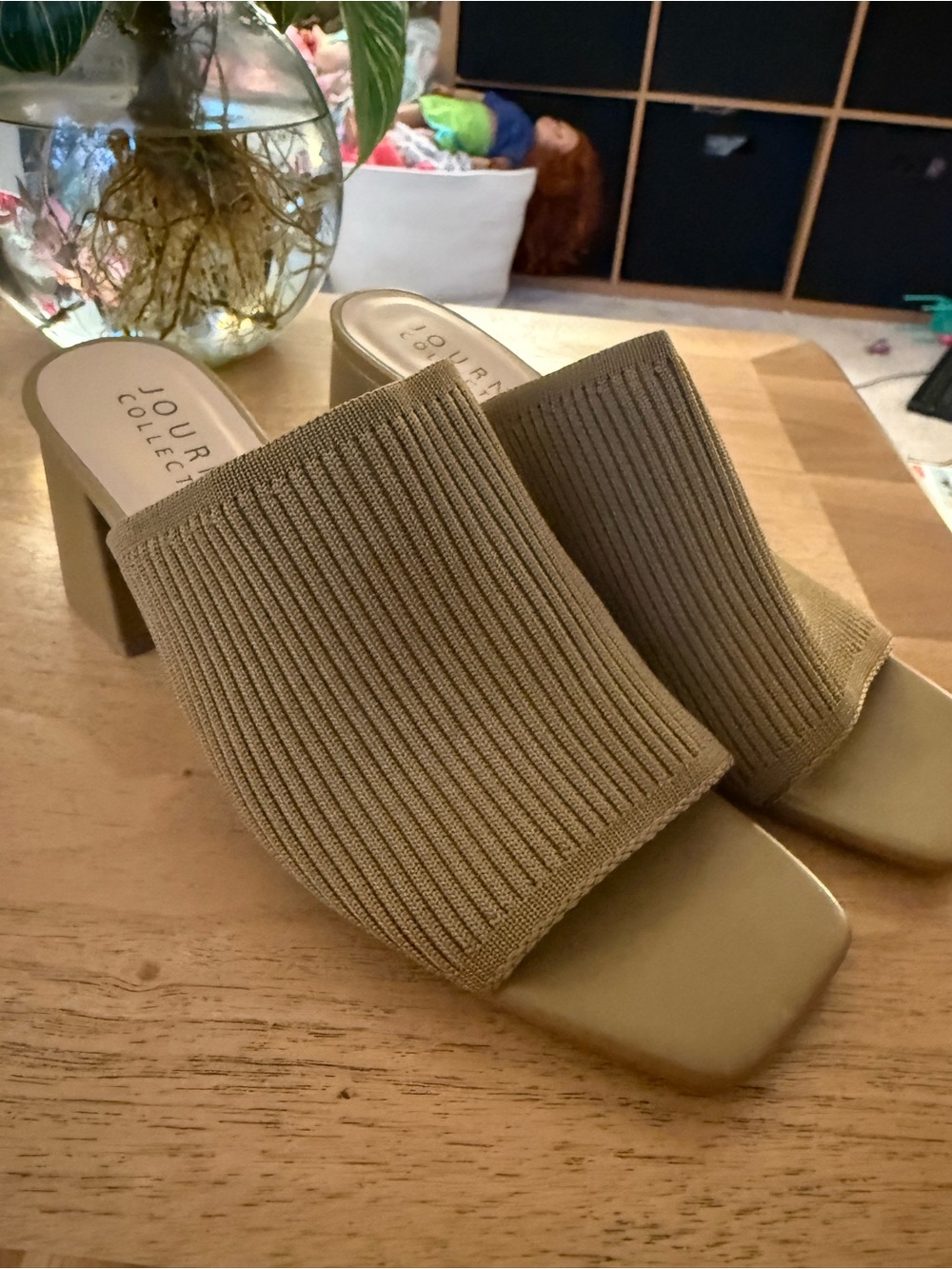 Journee Collection Olive Tan Knit Block Heel Mules